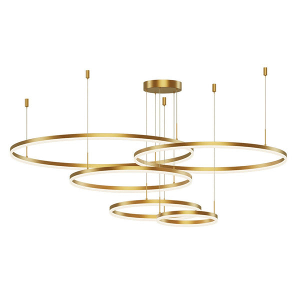 Front view of Vivid 5-ring circular chandelier light, showcasing its sleek layered ring design and modern craftsmanship