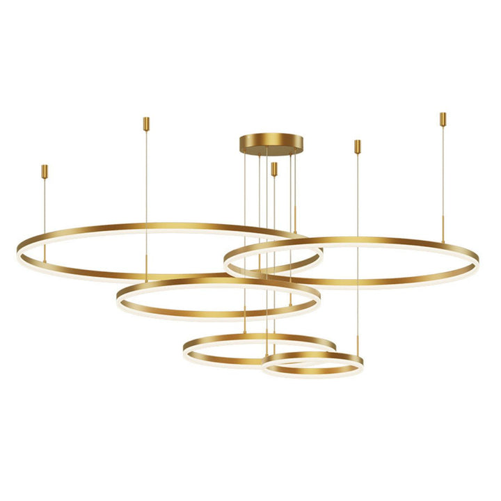 Front view of Vivid 5-ring circular chandelier light, showcasing its sleek layered ring design and modern craftsmanship