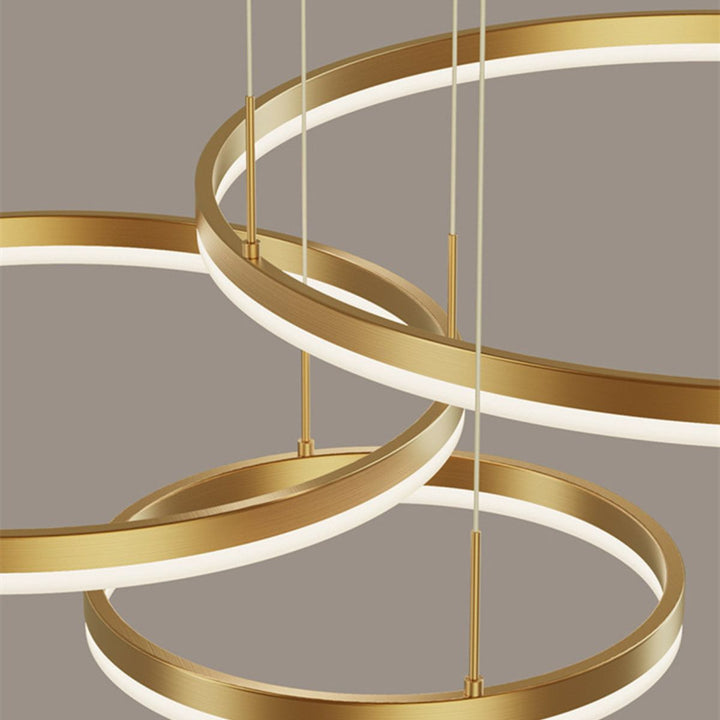 Close-up of Vivid 5-ring circular chandelier highlighting individual illuminated rings and modern design details