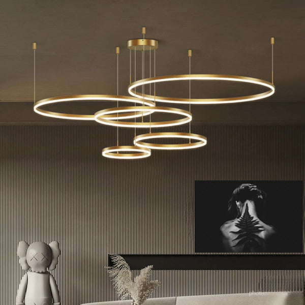 Vivid 5-ring circular chandelier light with layered modern design, ideal for adding a striking centerpiece to contemporary interiors