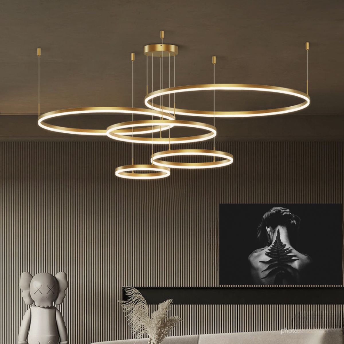 Vivid 5-ring circular chandelier light with layered modern design, ideal for adding a striking centerpiece to contemporary interiors