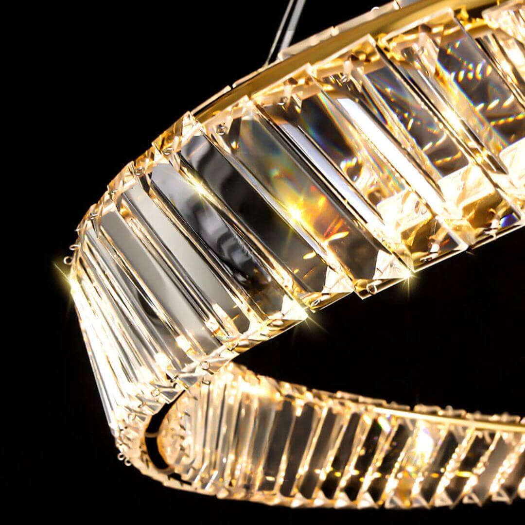Close-up detail view of vivid twisted crystal chandelier light highlighting intricate crystal craftsmanship and sparkle