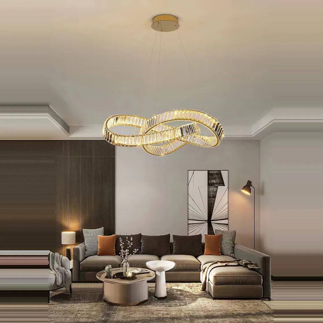 Vivid twisted crystal chandelier light hanging in living room, creating a luxurious and sparkling atmosphere