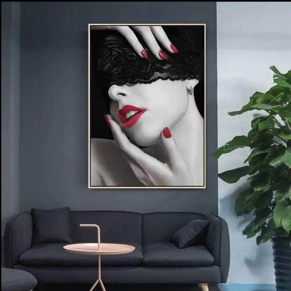 Modern black and white wall art featuring bold red lips