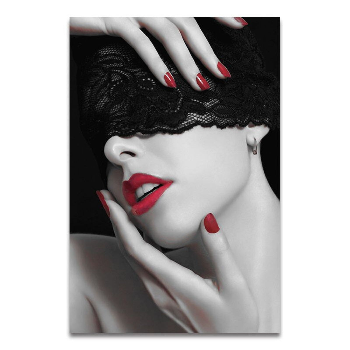 Modern black and white wall art featuring bold red lips