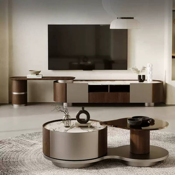 Walnut Origin extendable TV unit with solid wood construction and stone top – elegant and functional entertainment furniture piece.