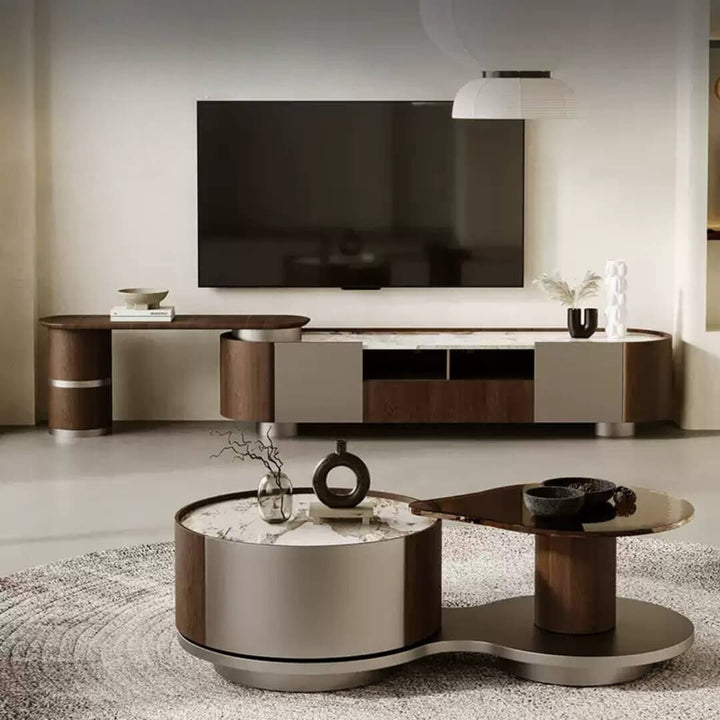 Walnut Origin extendable TV unit with solid wood construction and stone top – elegant and functional entertainment furniture piece.