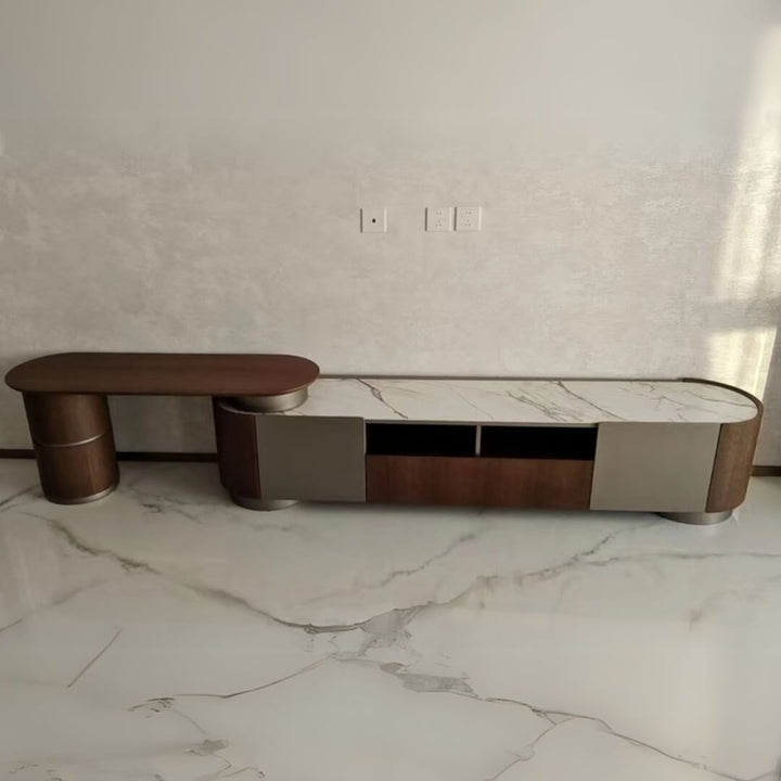 Walnut Origin extendable TV unit with solid wood and stone top, perfectly matched with wooden floor – stylish and cohesive modern living room setup.