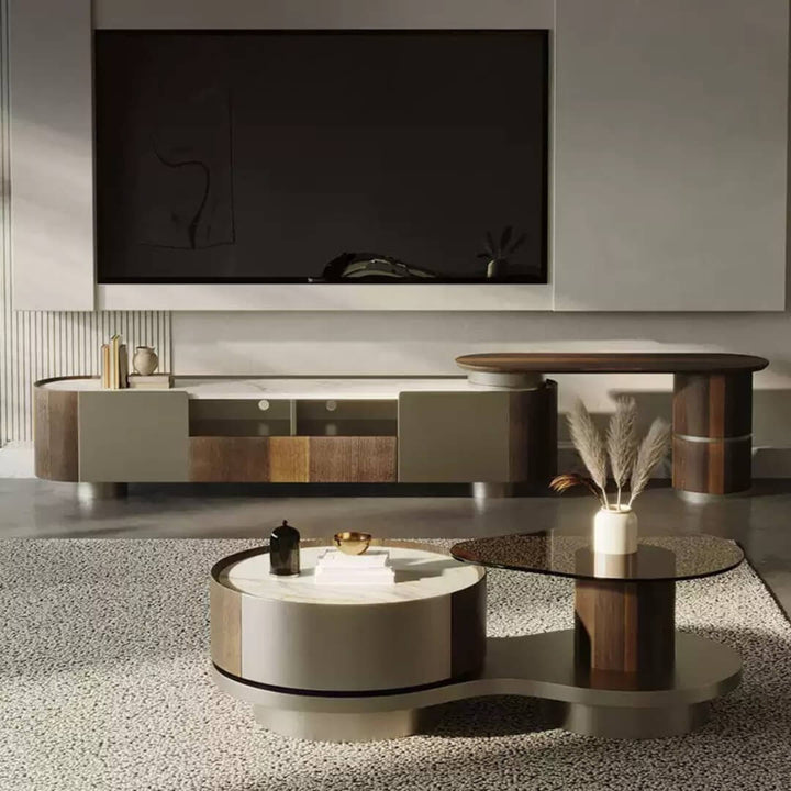 Side view of Walnut Origin extendable TV unit featuring solid wood frame and stone top – stylish and durable entertainment furniture.