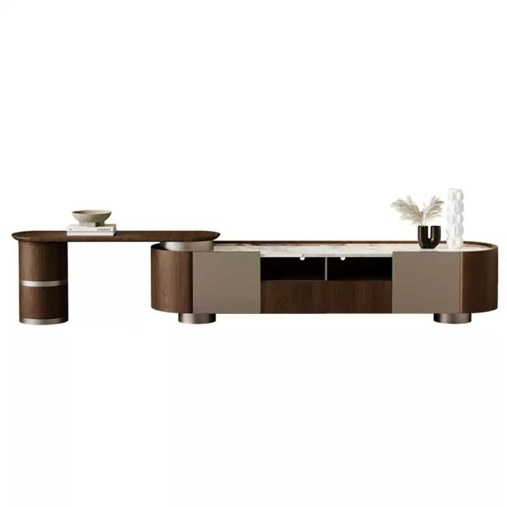 Walnut extendable TV unit – solid wood and stone top.