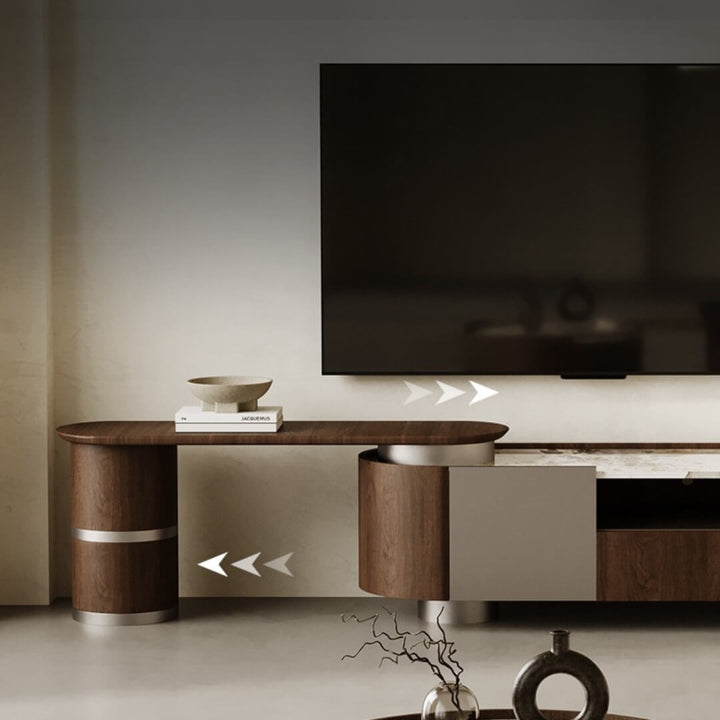 Close left-side view of Walnut Origin extendable TV unit featuring solid wood body and stone top – showcasing craftsmanship and material quality.