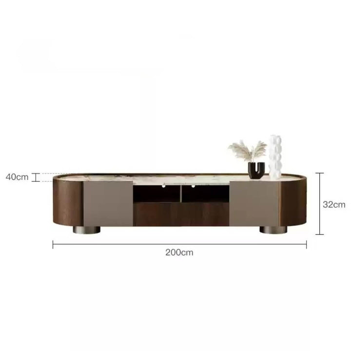Walnut TV unit dimension diagram – solid wood and stone top.