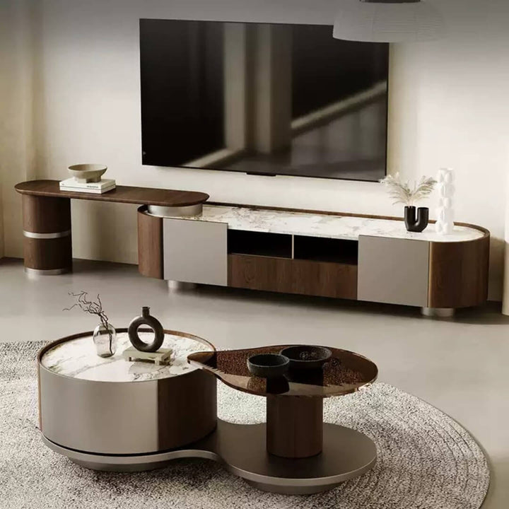 Full view of Walnut Origin extendable TV unit featuring solid wood body and stone top – stylish and spacious entertainment center