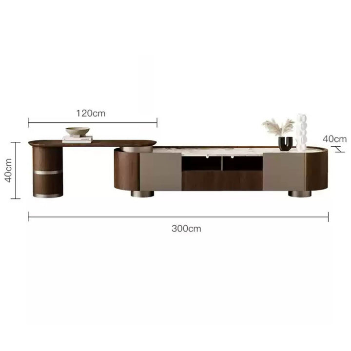 Dimension diagram of Walnut Origin extendable TV unit with solid wood frame and stone top – detailed measurements for space planning.