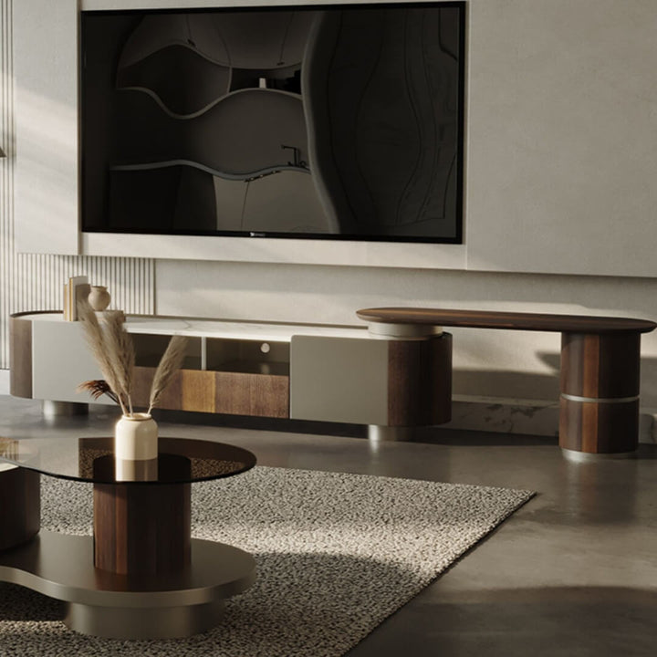 Side view (right) of Walnut Origin extendable TV unit with solid wood construction and stone top – modern design highlighting craftsmanship and functionality.
