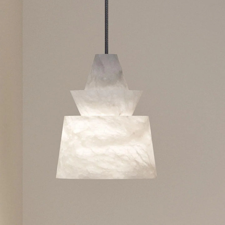 Close-up view of white alabaster pendant light ceiling lamp for elegant interiors