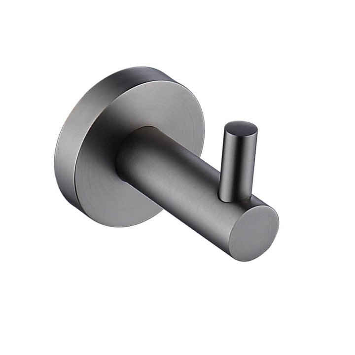 Close-up view of Zharl robe hook from Eclipse collection, showcasing sleek modern design and polished finish