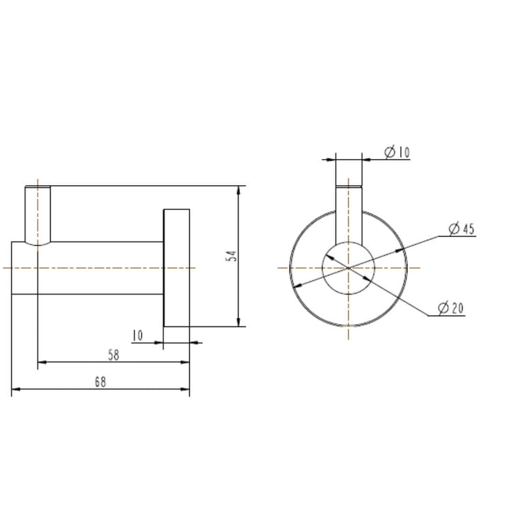 Dimension diagram of Zharl robe hook from Eclipse collection showing measurements and modern design for bathroom installation