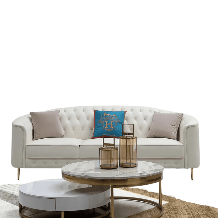 Front view of 3-piece beige leather sofa set in Australia – modern, elegant, and comfortable design
