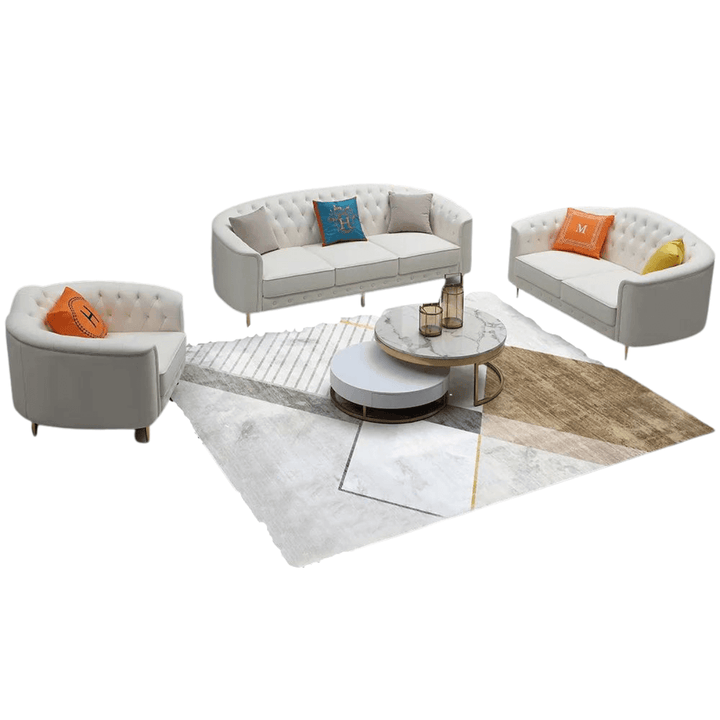 Side angle view of 3-piece beige leather sofa set in Australia – modern, elegant, and cozy seating