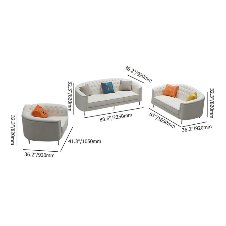 Top view showing measurements and dimensions of 3-piece beige leather sofa set in Australia