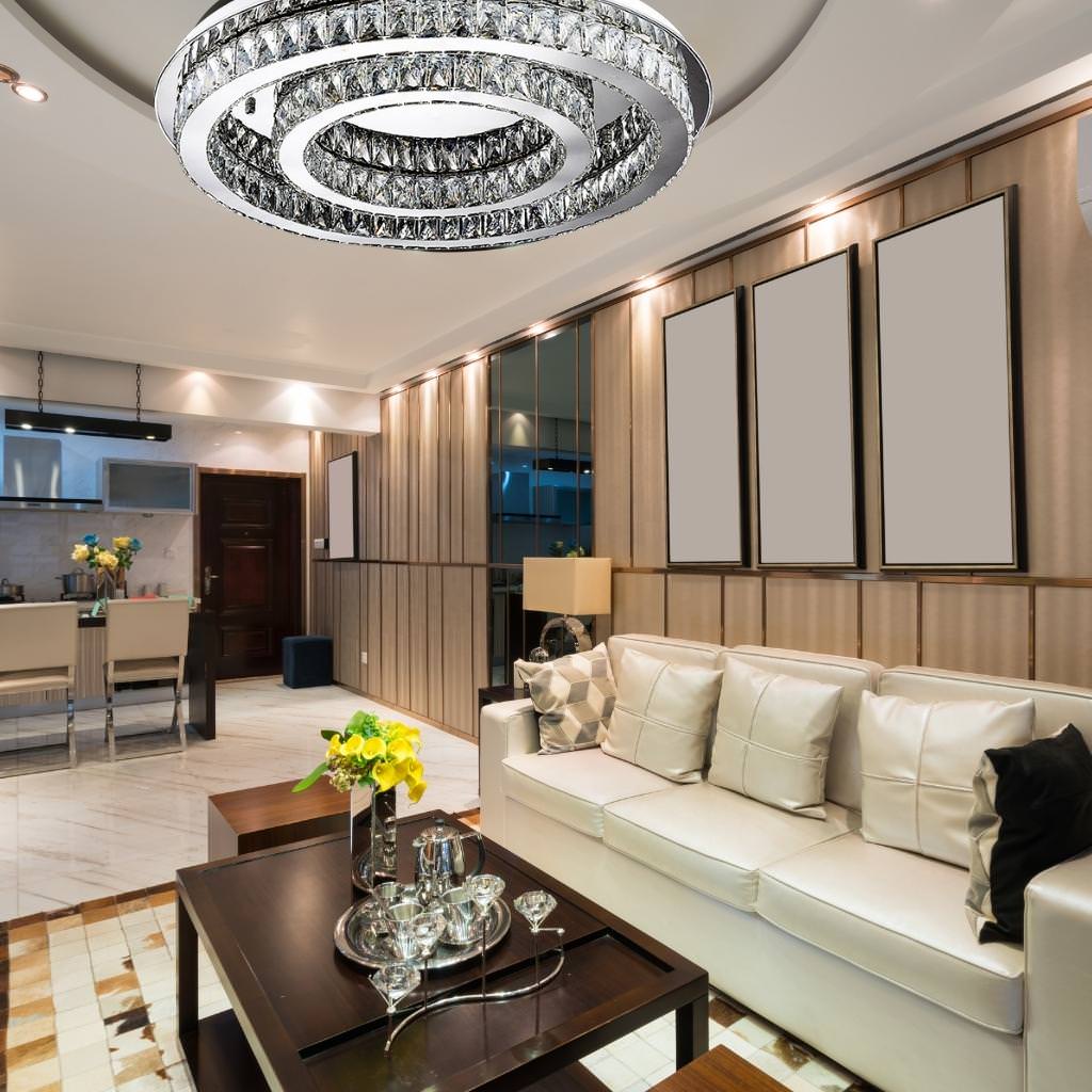  Aria LED chandelier by Lux Decor Australia, stylish crystal ceiling light installed in modern living room