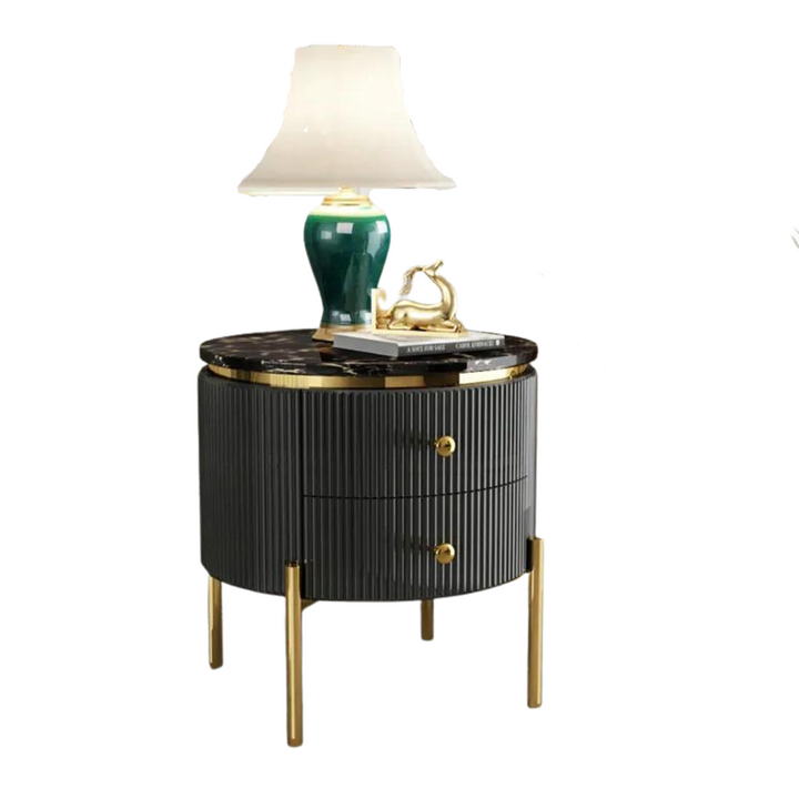 Front side view of black round coffee table with storage in Australia – modern design with functional elegance