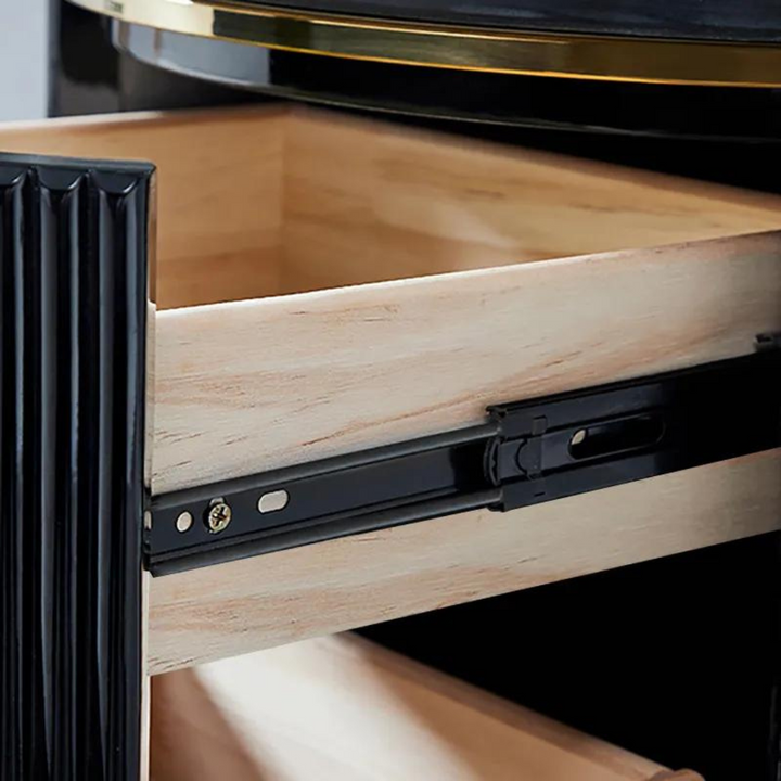Black round coffee table with storage in Australia – open drawer view showcasing practical storage space