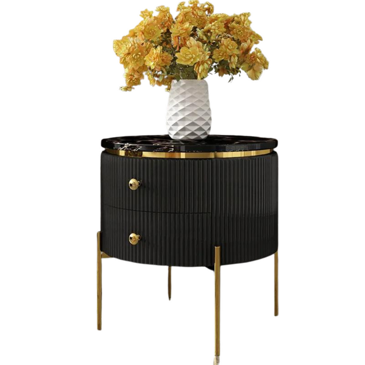 Side view of black round coffee table with storage in Australia – sleek design with practical storage space