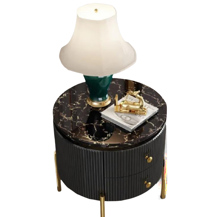 Top view of black round coffee table with storage in Australia – stylish surface with functional design
