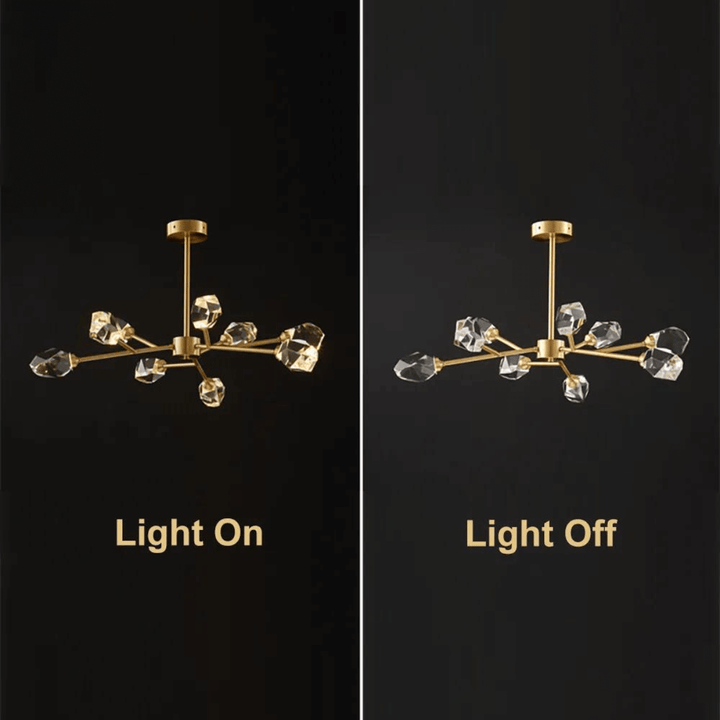 Brass Chandelier Light – Comparison of Light Off and On Showing Elegant Interior Ambiance
