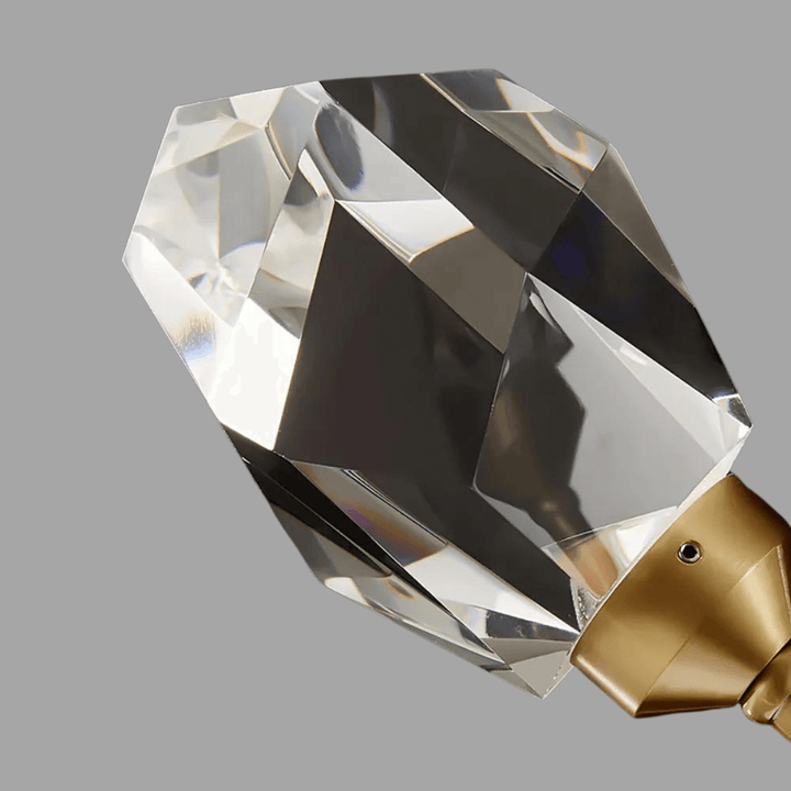 Brass Chandelier Light – Close-Up Detail View of Faceted Crystal Elements in Elegant Design