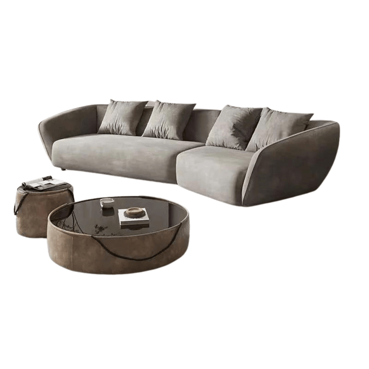 Side front view of curved velvet 3-seater sofa in Australia, elegant and cozy living room piece
