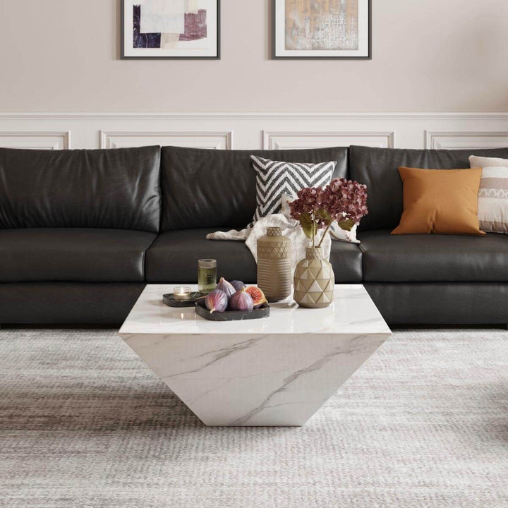 Front view of Calcutta coffee table with natural marble top and modern elegant design