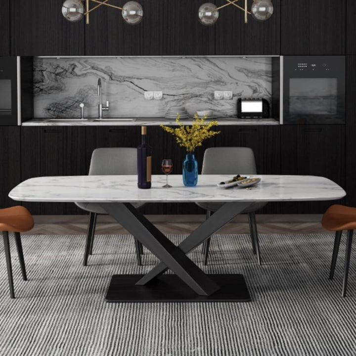 Modern extendable marble dining table with X-base featuring sleek design and elegant finish