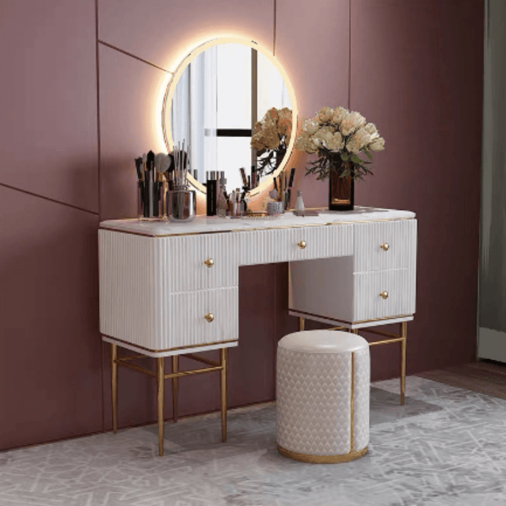 Emerald makeup table in Australia, modern elegant design with polished stone top surface