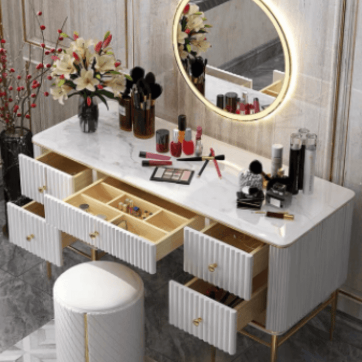 Top view of Emerald makeup table in Australia, sleek polished stone surface with modern design