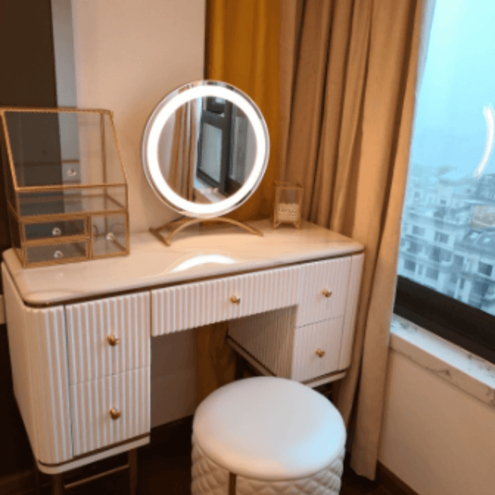 Emerald makeup table in Australia, elegant polished stone top with sleek modern design