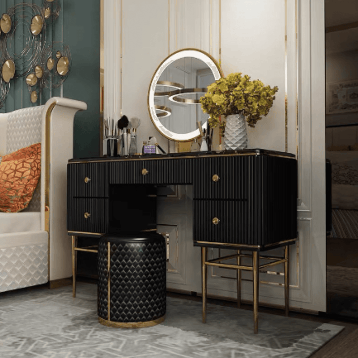 Side view of Emerald makeup table in Australia, sleek modern design with ample storage