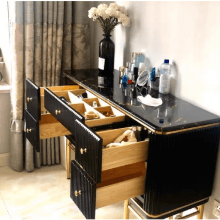 Side top view of Emerald makeup table in Australia, polished stone surface with modern style