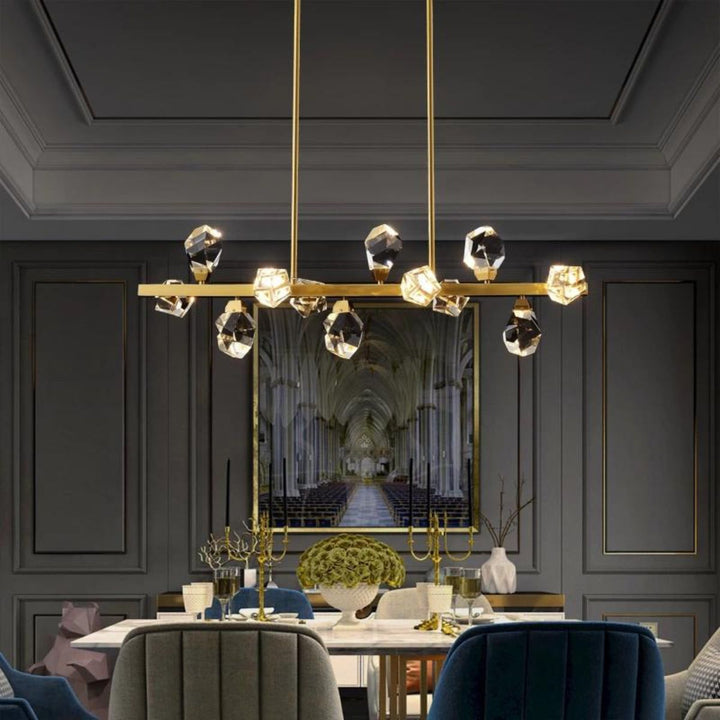 Emerald Light LED gold chandelier in elegant Australian dining interior – warm, luxurious lighting enhancing the space
