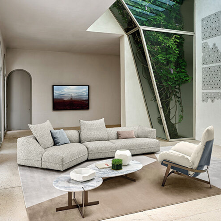 Front view of fabric textured sofa in Australia, modern living room furniture design