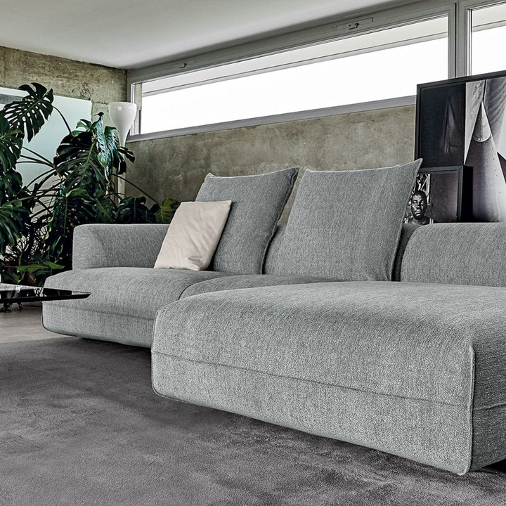 Side front view of fabric textured sofa in Australia, modern living room furniture design
