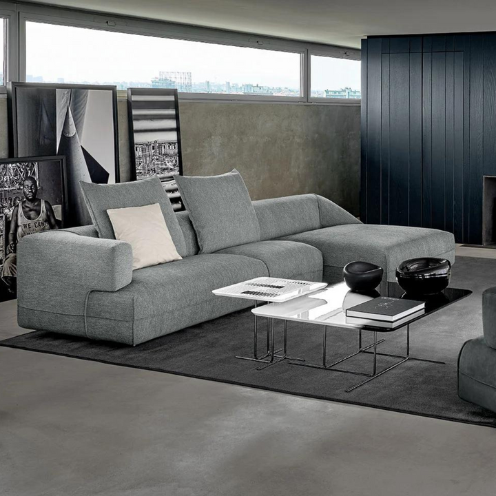 Side view of fabric textured sofa in Australia, placed in a modern living room setting