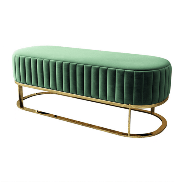 Green Velvet Oval Bench with Gold Base in Australia – Front View of Elegant Seating