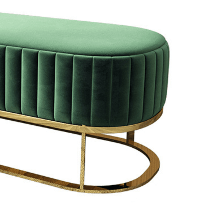 Green Velvet Oval Bench with Gold Base in Australia – Side Detail View of Elegant Seating