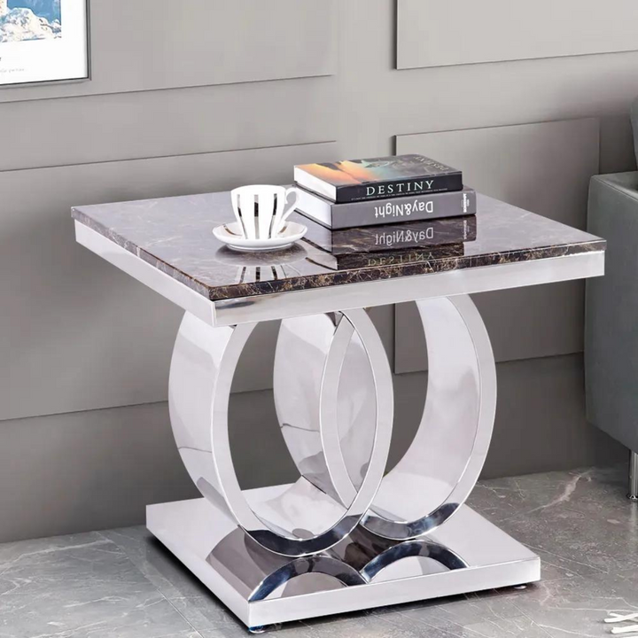Side view of Hope Gold steel base side table, modern design with elegant gold finish