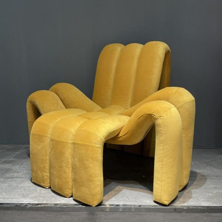 Front view of yellow Italian designer armchair in Australia showcasing bright color and elegance