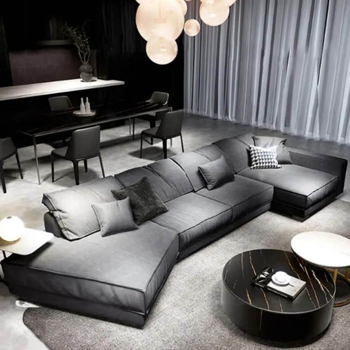 Side view of Italian gray fabric sofa in Australia – modern comfortable seating with soft upholstery