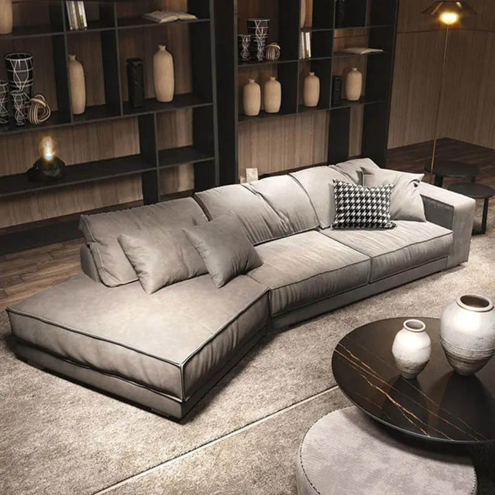 Side view of Italian gray fabric sofa in Australia – sleek modern design with comfortable fabric upholstery